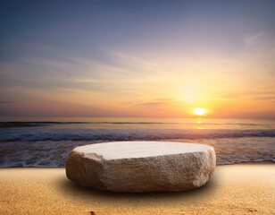 Blank rock podium stand on a tropical beach. Empty stone display platform on a sand beach with sunset or sunrise sky. Minimalist coastal scene for product display, mockups, and relaxing themes.