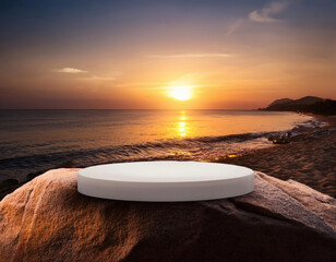 Blank rock podium stand on a tropical beach. Empty stone display platform on a sand beach with sunset or sunrise sky. Minimalist coastal scene for product display, mockups, and relaxing themes.