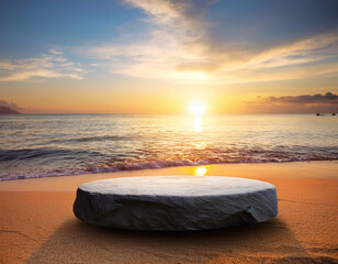 Blank rock podium stand on a tropical beach. Empty stone display platform on a sand beach with sunset or sunrise sky. Minimalist coastal scene for product display, mockups, and relaxing themes.