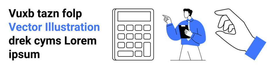 Man with clipboard standing beside calculator and gesturing hand. Ideal for finance, accounting, business, planning, strategy, analysis, calculations, or creating a simple landing page