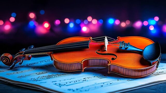 Violin on Sheet Music with Festive Lights