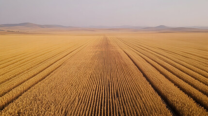 Golden wheat field stretching toward the horizon under a warm sunrise glow