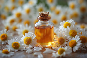 Camomile essential oil in amber bottles with chamomile blossoms, natural cosmetics and naturopathy concept	