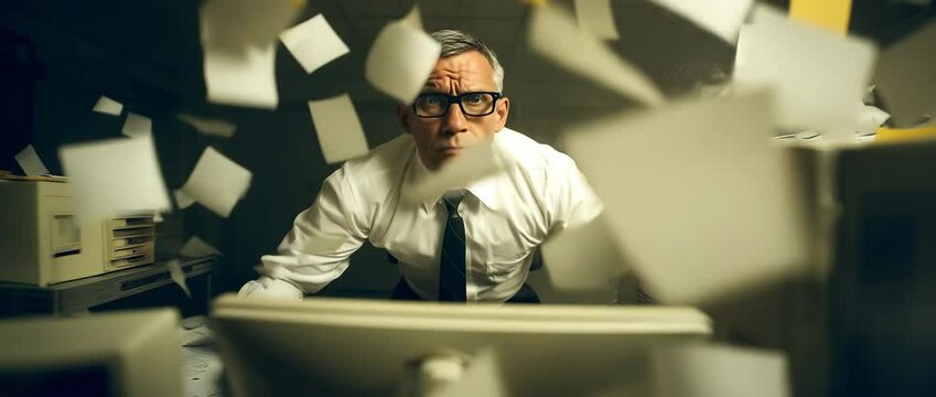 Overwhelmed middle aged male office worker surrounded by flying papers as he stares at computer.