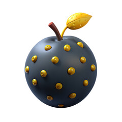 3D illustration of Black apple with yellow spots and a green leaf.