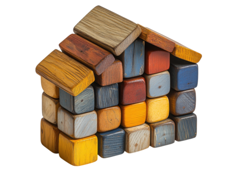 A house made of wooden blocks with a yellow roof