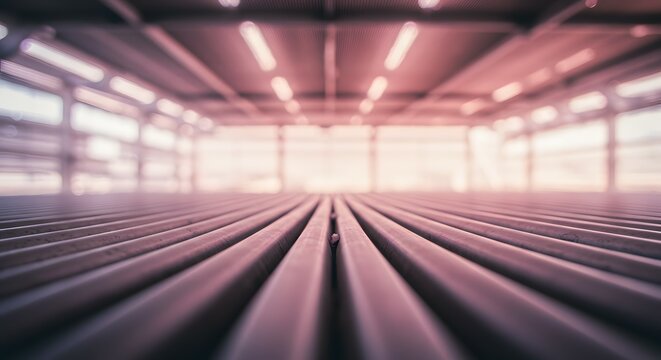 Industrial Factory Interior Parallel Lines of Metal, Modern Manufacturing Space, Clean Production Facility