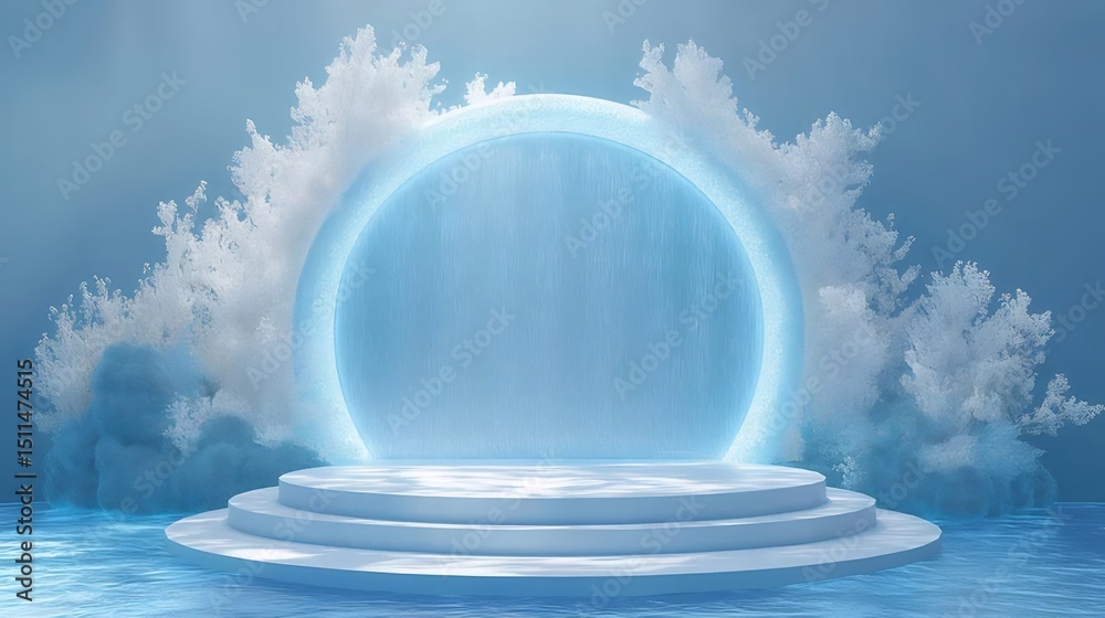 Aufkleber 神秘的な青色の光の円形装飾背景と雪と雲の美しい風景 三次元レンダリング