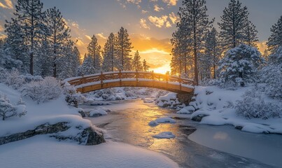 serene snow-covered bridge spanning a frozen stream under a golden winter sunrise, Generative AI