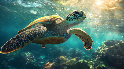 Fototapeta premium Green sea turtle swimming in clear, shallow water over a coral reef.