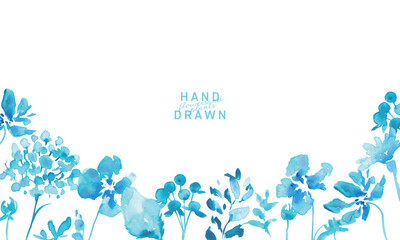 水彩画。水彩タッチの青い花のベクターフレーム。夏の爽やかな青い花々。Watercolor painting. Vector frame of blue flowers with watercolor touch. Fresh blue flowers of summer.
