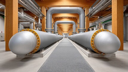 Industrial Corridor with Gray Cylindrical Tanks and Silver Pipeline – Bright, Spacious Factory Infrastructure Design, 32k Resolution