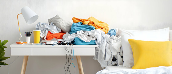 Messy Bedroom With Pile Of Clothes On Desk