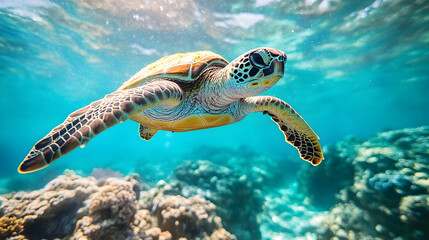 Obraz premium Sea turtle swimming in turquoise water over coral reef.