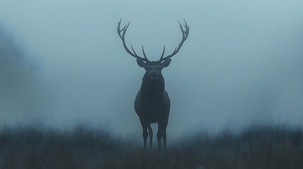 Majestic stag silhouetted in a misty landscape.
