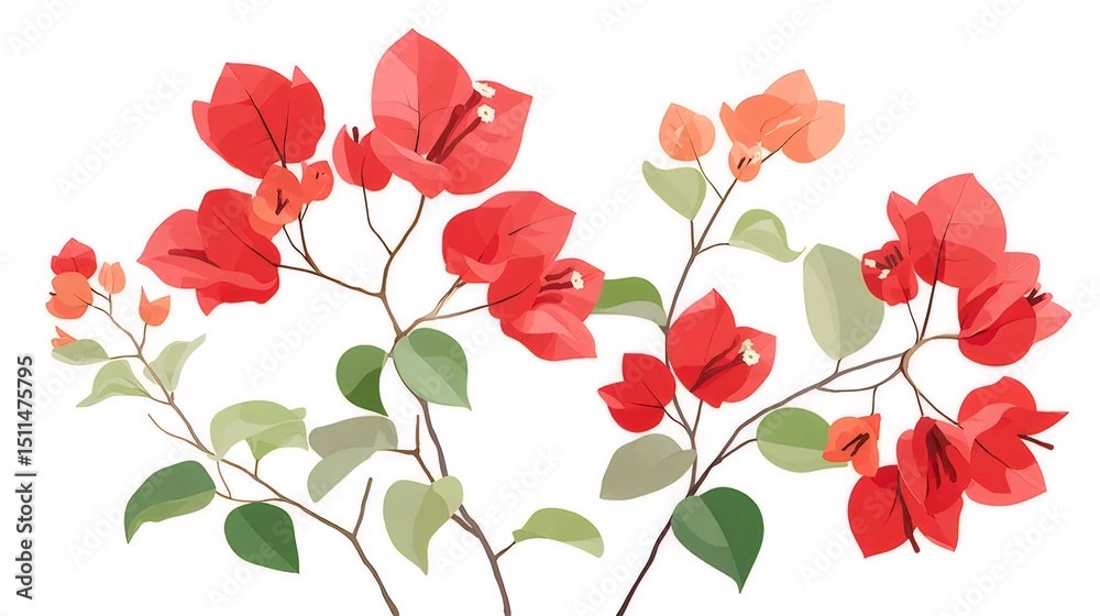 Aufkleber 赤いブーゲンビリアの花が白い背景に咲いています緑の葉と茶色の枝鮮やかな赤色の花のクローズアップ