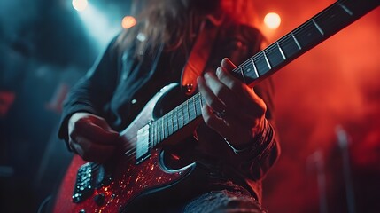 Passionate guitarist lost in a soulful riff bathed in the electric energy of a live rock show under vibrant stage