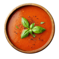 Gazpacho soup in wooden bowl isolated on transparent background