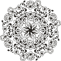 Floral vector circle ornament with flowers, leaves and swirls in traditional Chinese style. Luxury exquisite romantic design for wedding decorations, invitations, greeting cards, embroidery.	