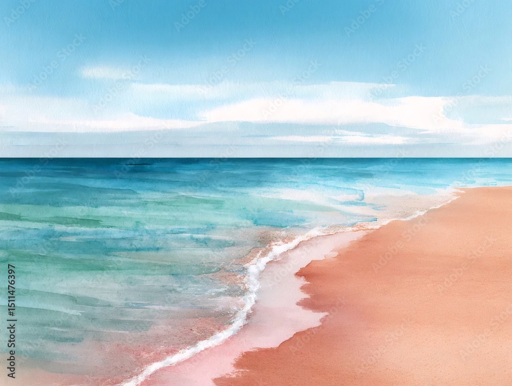 Aufkleber 水彩画のビーチ風景 ターコイズ色の海と青い空 穏やかな波が砂浜に打ち寄せる 水彩画のタッチで描かれた夏の風景