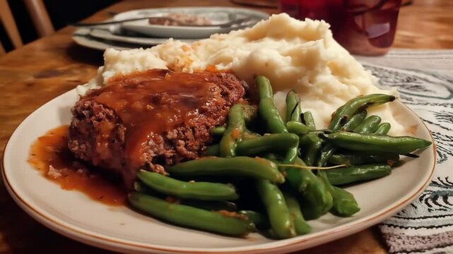 Hearty dinner meatloaf potatoes beans