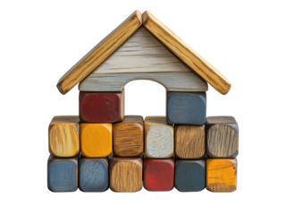 A wooden house made of blocks is shown on a white background
