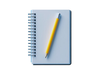 A pencil and a spiral notebook are placed on a white background