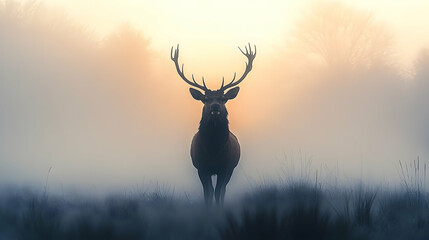 Obraz premium Majestic stag in a misty dawn.