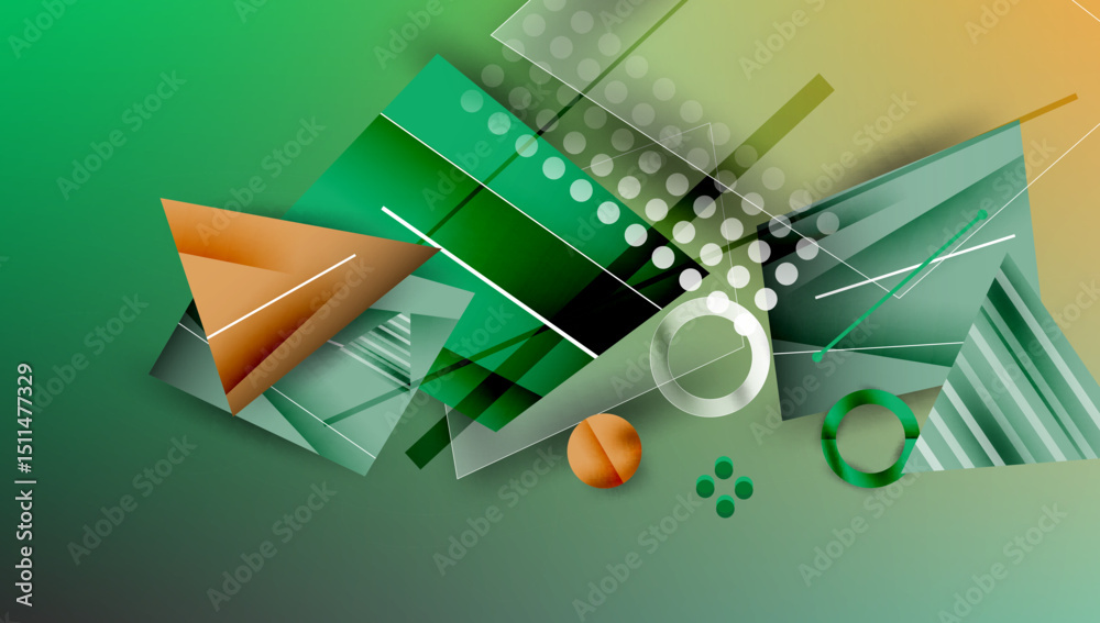 Aufkleber Abstract geometric composition. Green, orange hues dominate. Shapes overlap, creating dynamic visual effect. Modern design elements present.