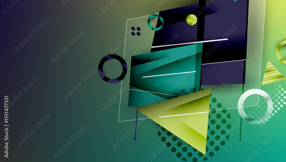 Fototapete Abstract geometric composition. Overlapping shapes, lines create dynamic visual experience. Teal, lime, navy dominate palette. Modern design.