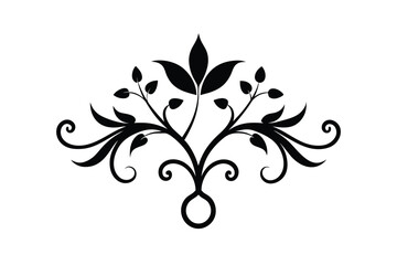 Elegant Black Damask Floral Ornament on White Background.