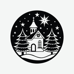 Festive Christmas Scene of a Church and Trees in Winter.