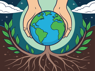 Hands Holding Earth, Rooted in Nature.