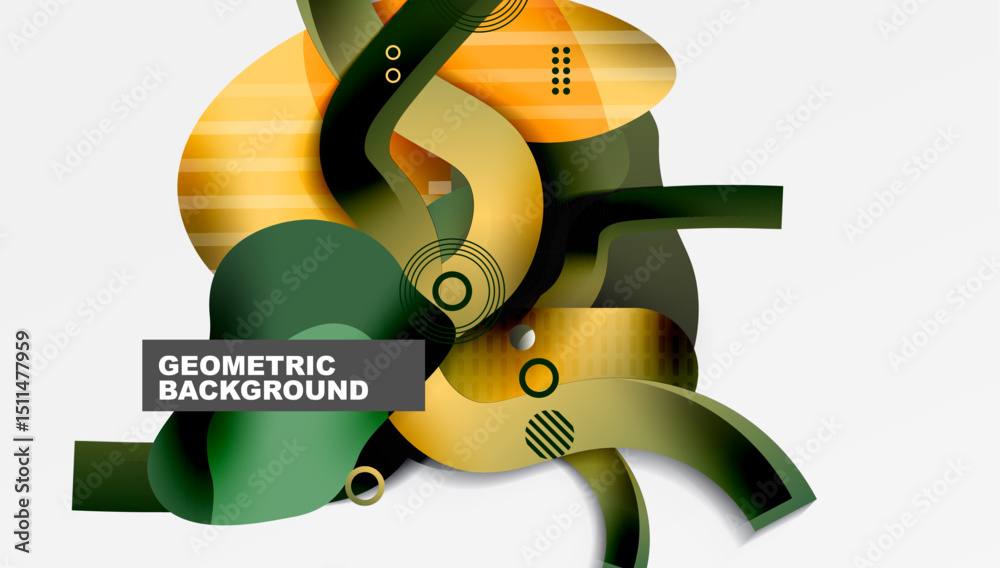 Poster abstract geometric shapes overlap, creating dynamic composition. orange, green hues dominate design.