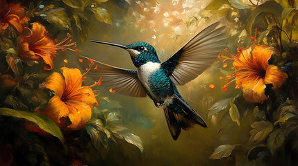 A hummingbird in flight amidst vibrant flowers.