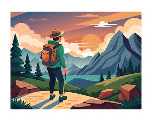 Hiker Contemplates Scenic Mountain Sunrise View.