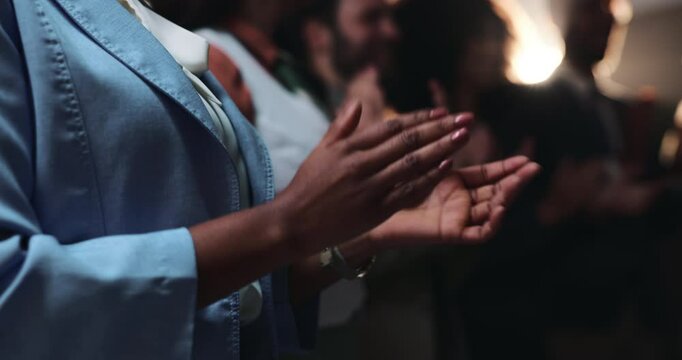 Business people, night or applause in meeting at seminar for award ceremony, thank you or well done. Closeup, group or team clapping in late evening for success, good job or presentation at summit