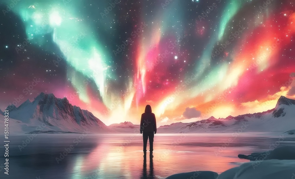 Poster 夜空に輝くオーロラと雪山 湖畔に佇む人影 鮮やかな色彩の幻想的な冬景色