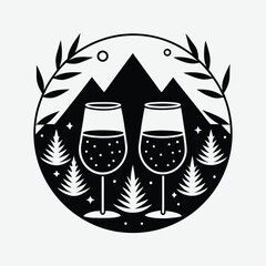 Two wine glasses against a mountain landscape, a celebratory design.
