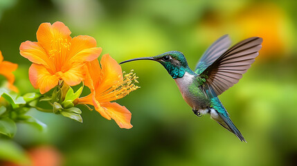A hummingbird hovers near vibrant orange blossoms.