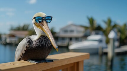 Pelican Wearing Sunglasses by Water in Coastal Setting with Palm Trees and Boats