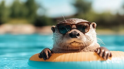 Cute otter wearing sunglasses relaxing on a pool float in sunny outdoor setting, summer fun