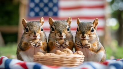Squirrel Trio Enjoying Nuts Against American Flag Background in Outdoor Setting