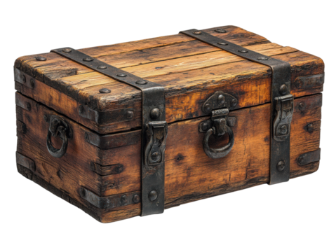 A wooden chest with metal hinges and a metal clasp