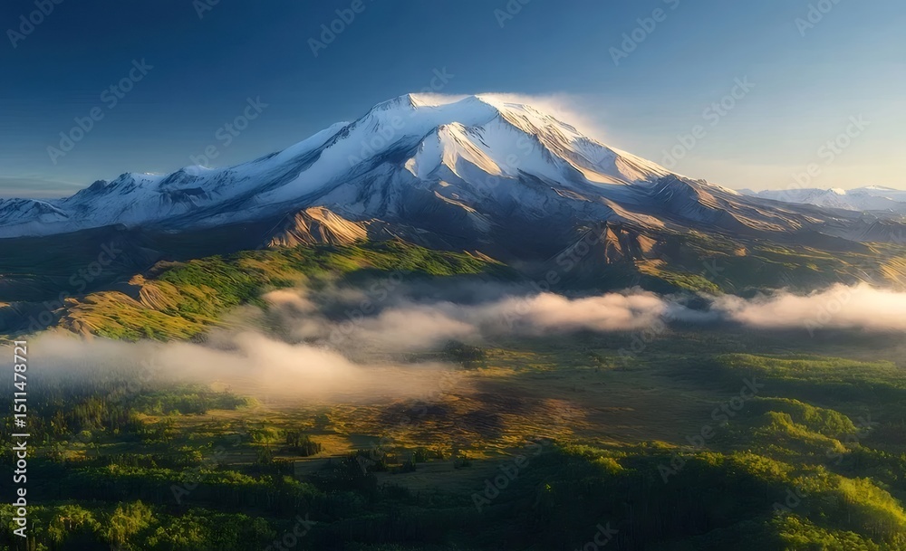 Aufkleber 雪山と緑豊かな森林の昼間のパノラマビュー 青い空と雲の中の美しい景色