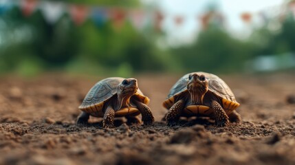 Two Turtles Crawling on Soil with a Colorful Background in a Natural Outdoor Setting