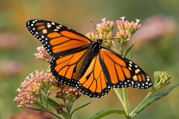 Fototapeta premium Detailed close-up of a migratory Monarch butterfly feeding on small pink blooms in a sunny garden