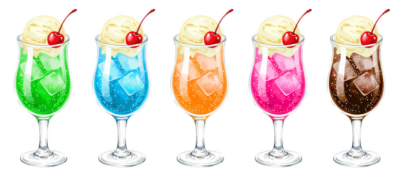 クリームソーダの水彩風手書きイラストセット 喫茶店の冷たい飲み物