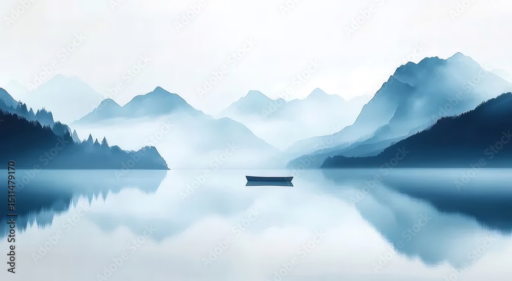 Poster 青い霞がかかった山々と湖に浮かぶ小舟 穏やかな風景画 静寂と調和をテーマにした自然の美しさの表現