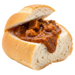 Delicious bread bowl filled with savory meat stew, perfect comfort food for a hearty meal, tasty cuisine on transparent background